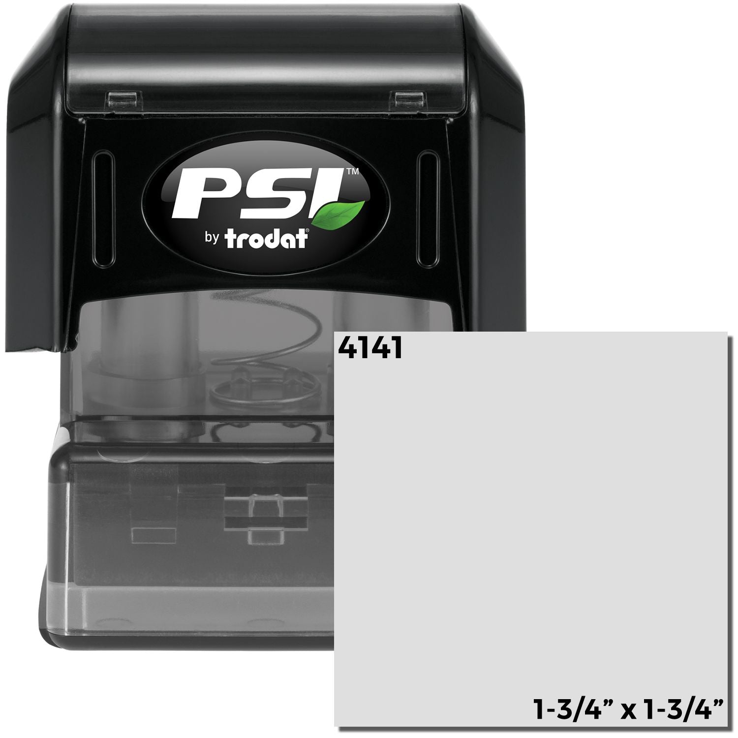 Trodat PSI stamp model 4141 size 1-3/4 x 1-3/4 inches, showing ink pad window and PSI logo.