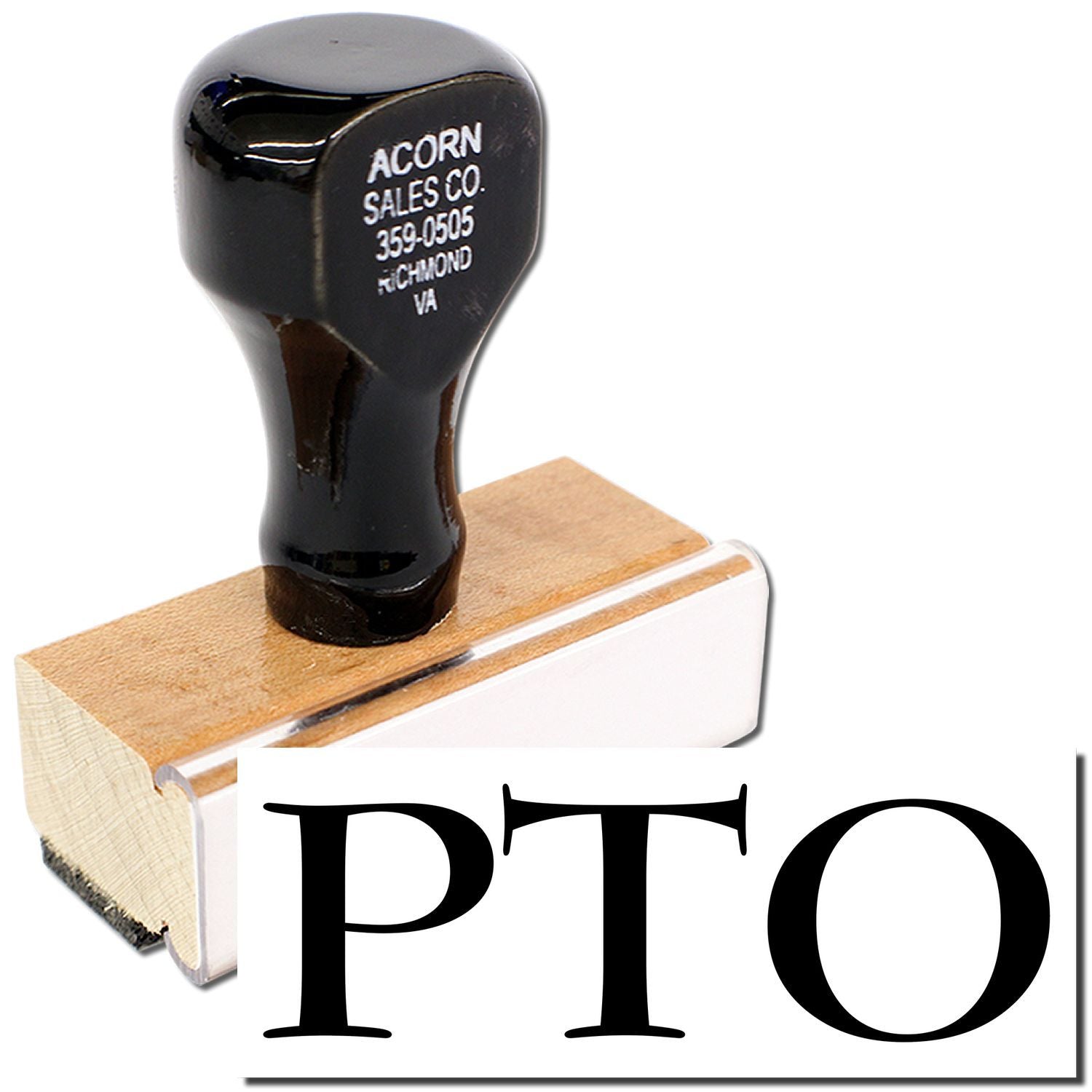 Black self-inking PTO rubber stamp with wooden base and custom branding text on a white background