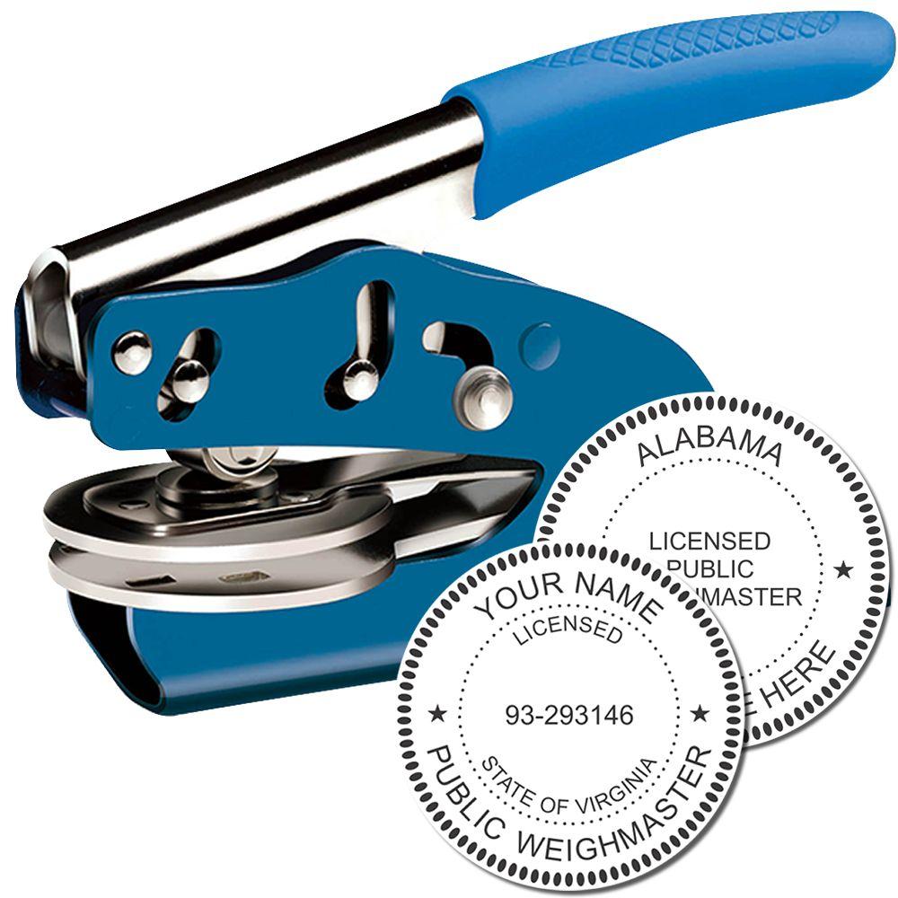 Blue handheld embosser seal press with custom licensed public weighmaster stamps for Alabama and Virginia.