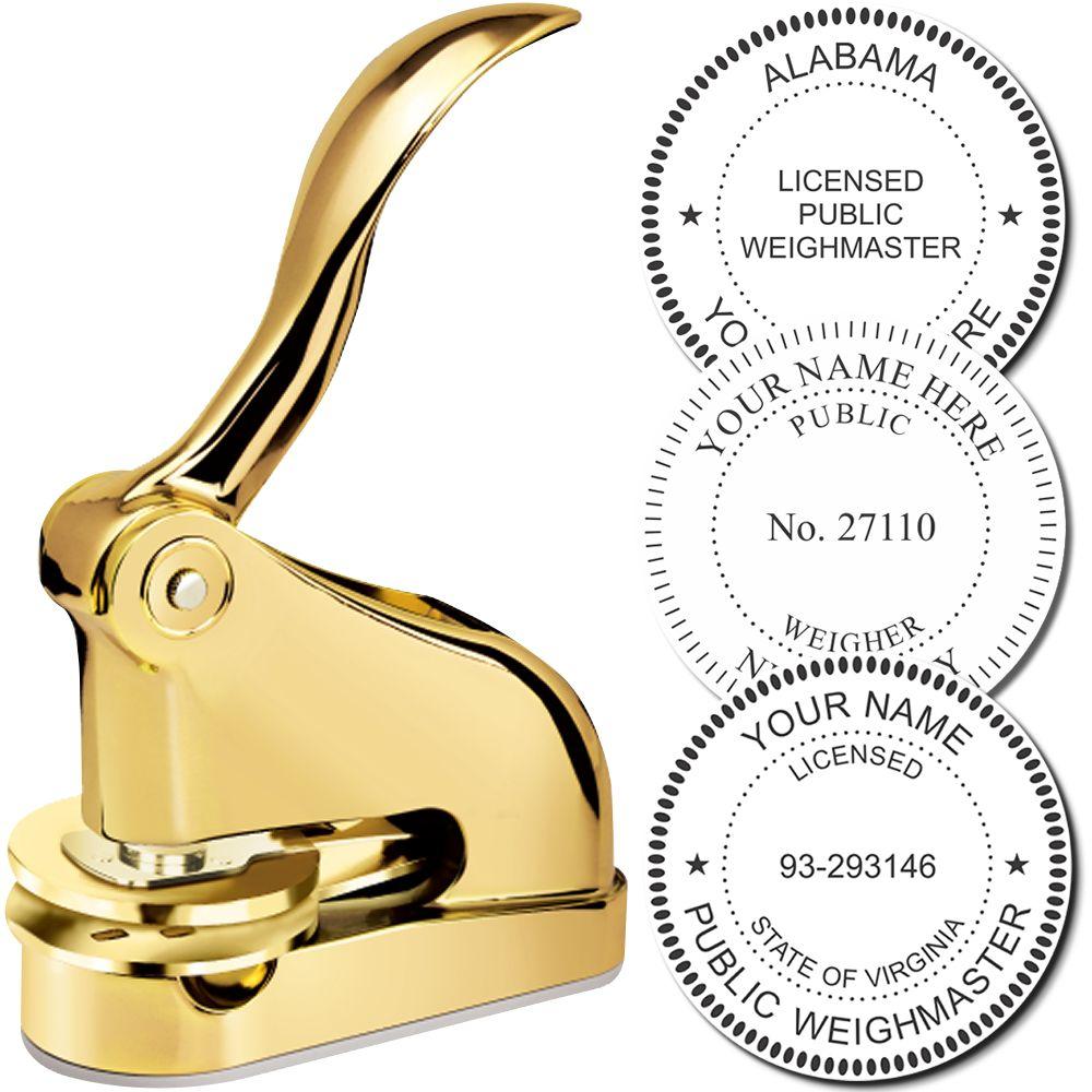 Gold public weighmaster embosser seal stamp with Alabama and Virginia licensed notary-style imprint examples.