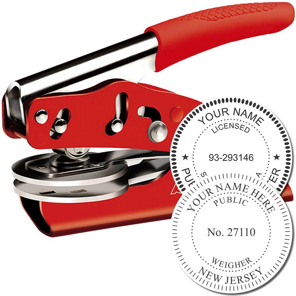 Red self-inking notary embosser seal stamp with custom licensed public weigher design and name personalization