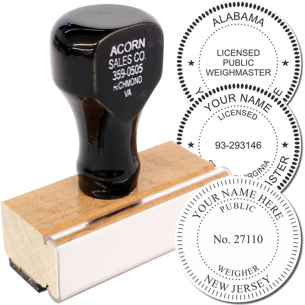 Custom licensed public weighmaster rubber stamp with wooden handle and example Alabama, Virginia, and New Jersey seal impressions.