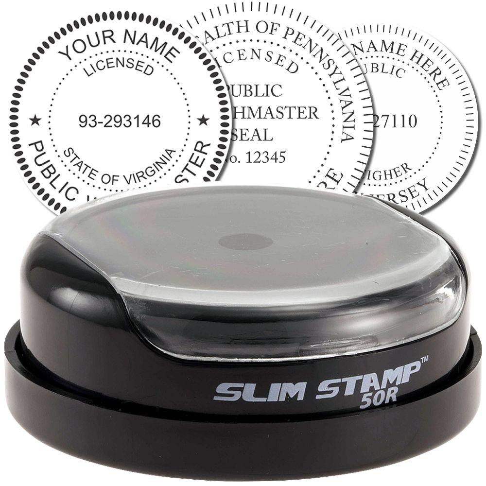 Slim Stamp 50R embossing seal with custom round notary and professional license stamp examples