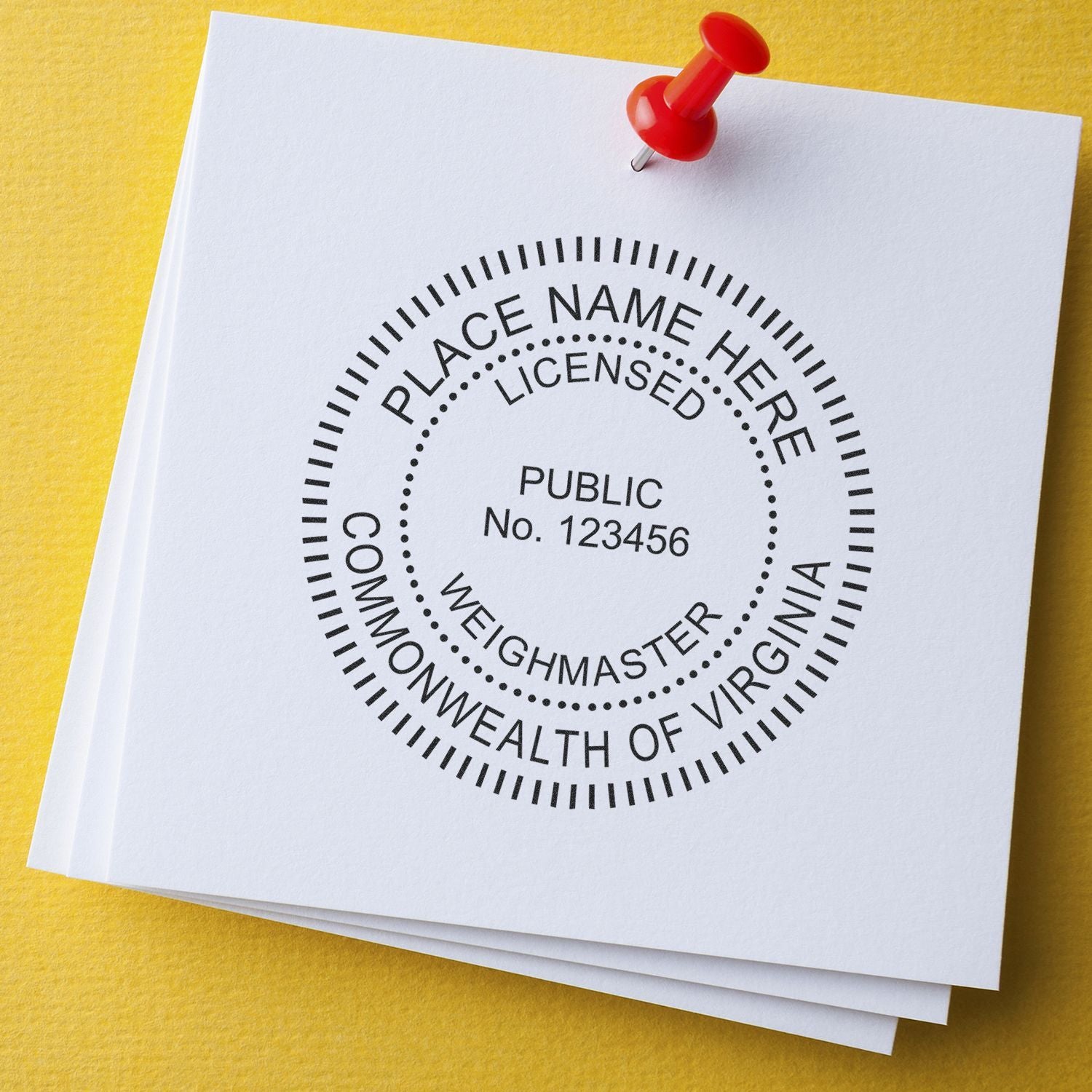 Notary public seal stamp on official document with placeholder name and license number pinned on yellow background