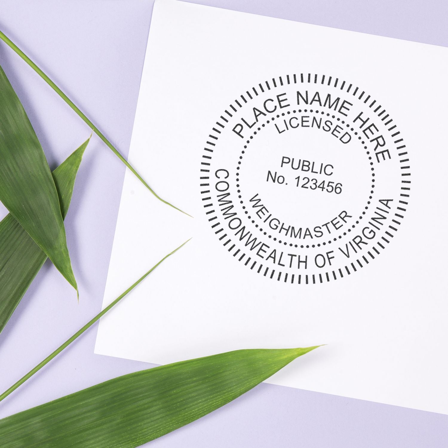 Blank Virginia notary public seal template with green leaves on a pastel background