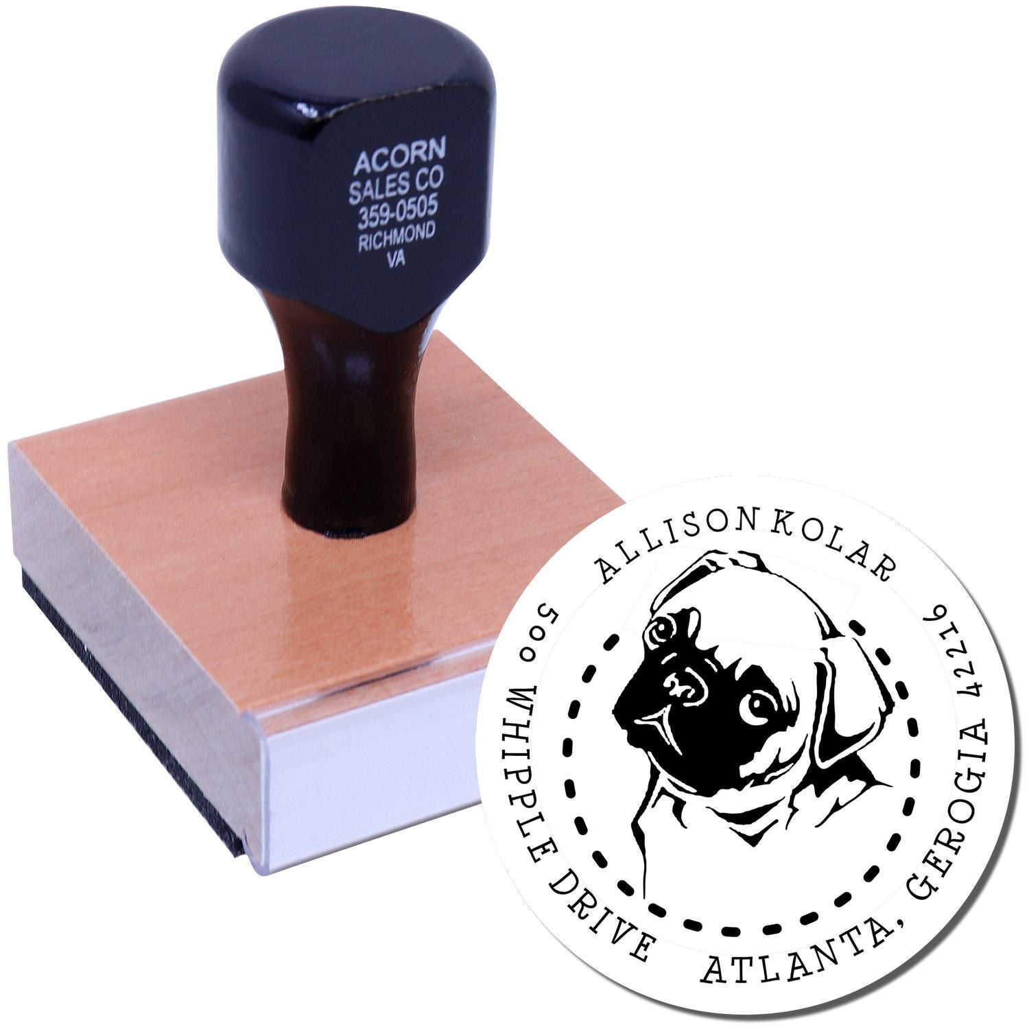 Personalized dog address rubber stamp with pug design, ideal for return address and pet-themed mail.