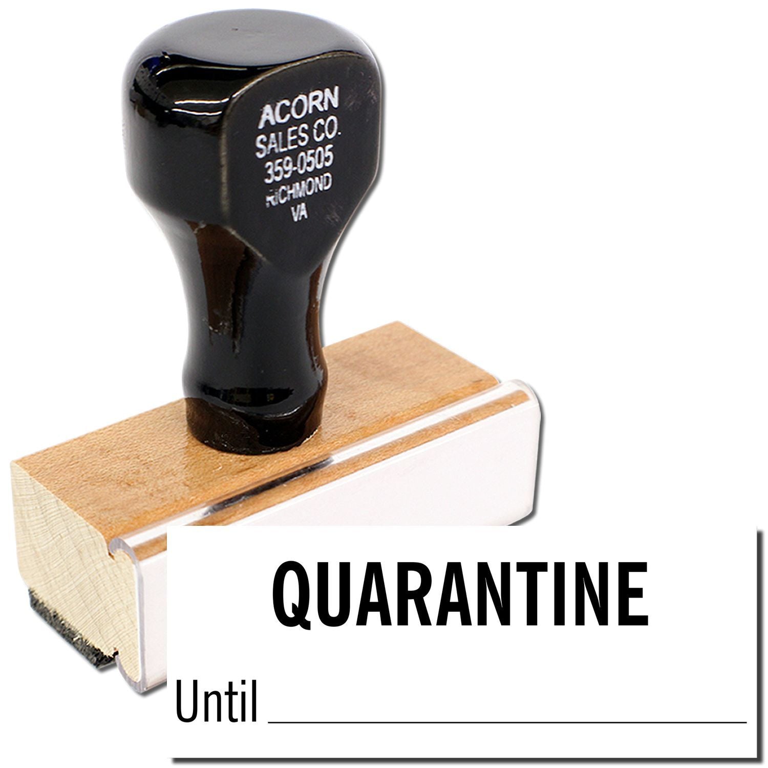 Quarantine notice featuring an Acorn Sales Co. black tag on a wooden block label, for safety compliance and product handling.