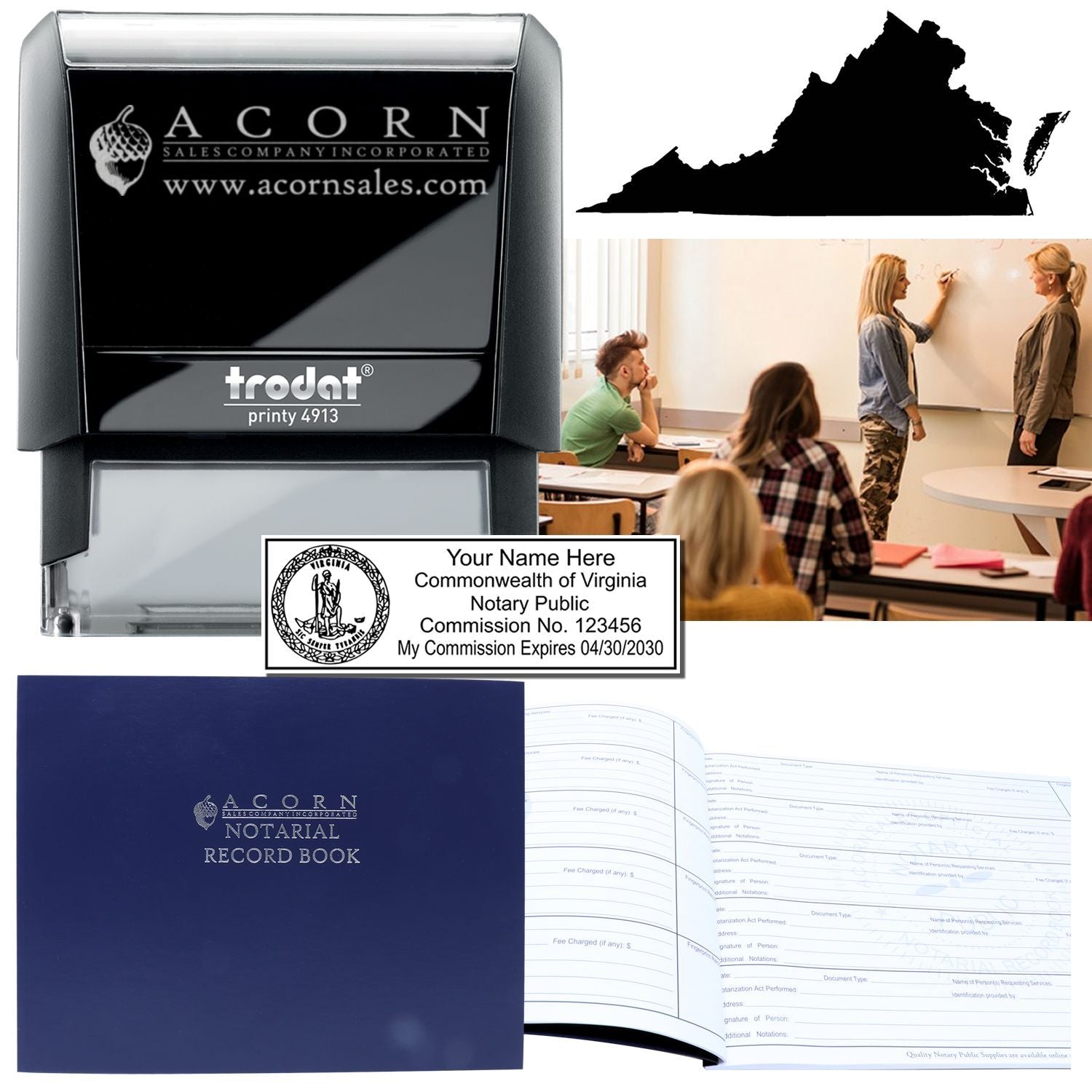 Virginia notary public stamp, custom seal, notarial record book, and notarization supplies collage