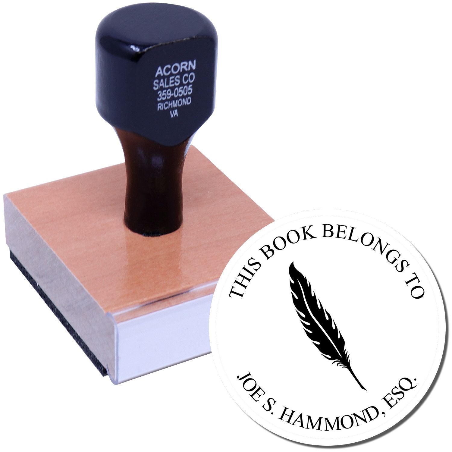 Custom rubber stamp bookplate with feather design and personalized This Book Belongs To ex libris for Joe S. Hammond, Esq.