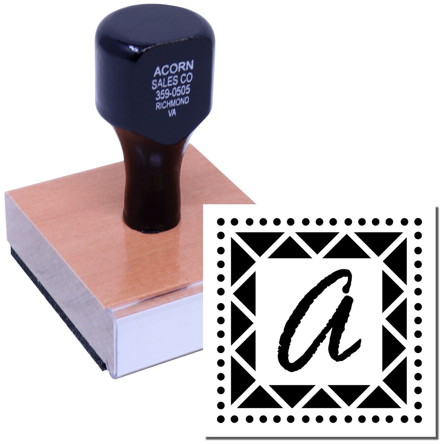 Custom self-inking rubber stamp with decorative monogram design and matching stamped impression.