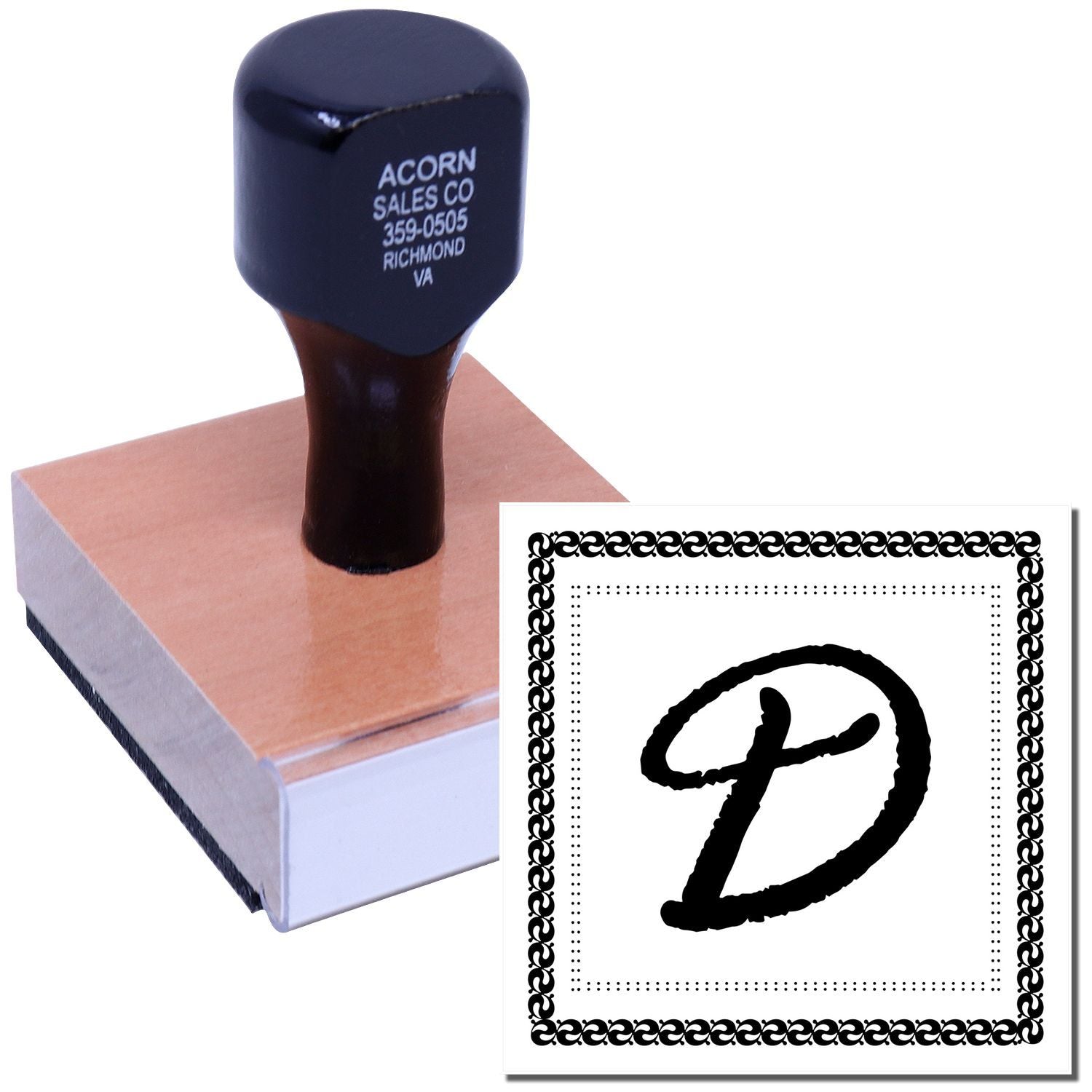 Custom rubber stamp with wooden handle, showing a decorative monogram D impression for business or personal branding.