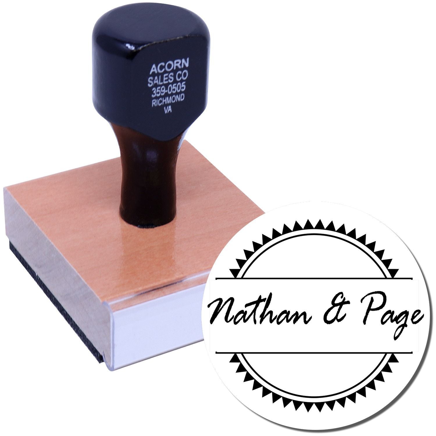 Custom rubber stamp on wooden block with Nathan & Page logo, ideal for business branding and packaging.