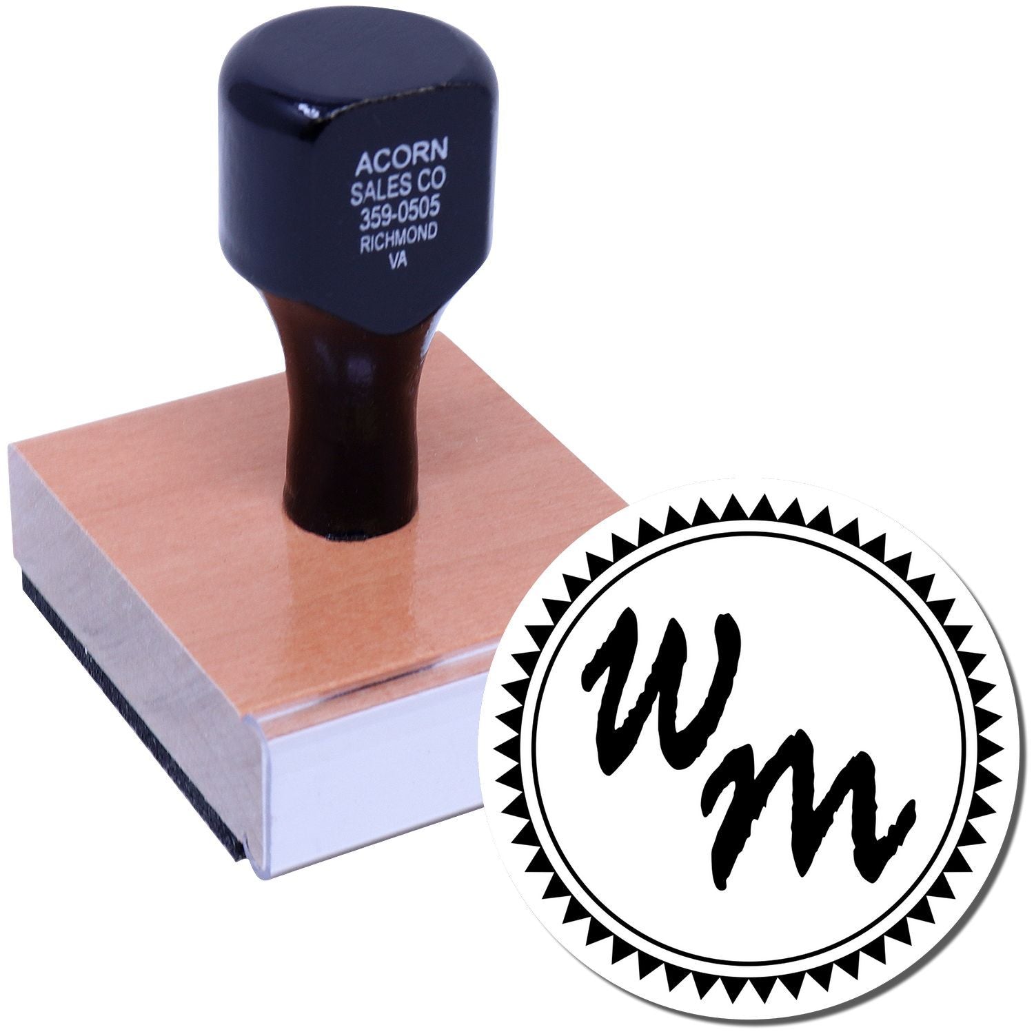 Custom wood handle rubber stamp with logo imprint for business branding, packaging, and stationery.