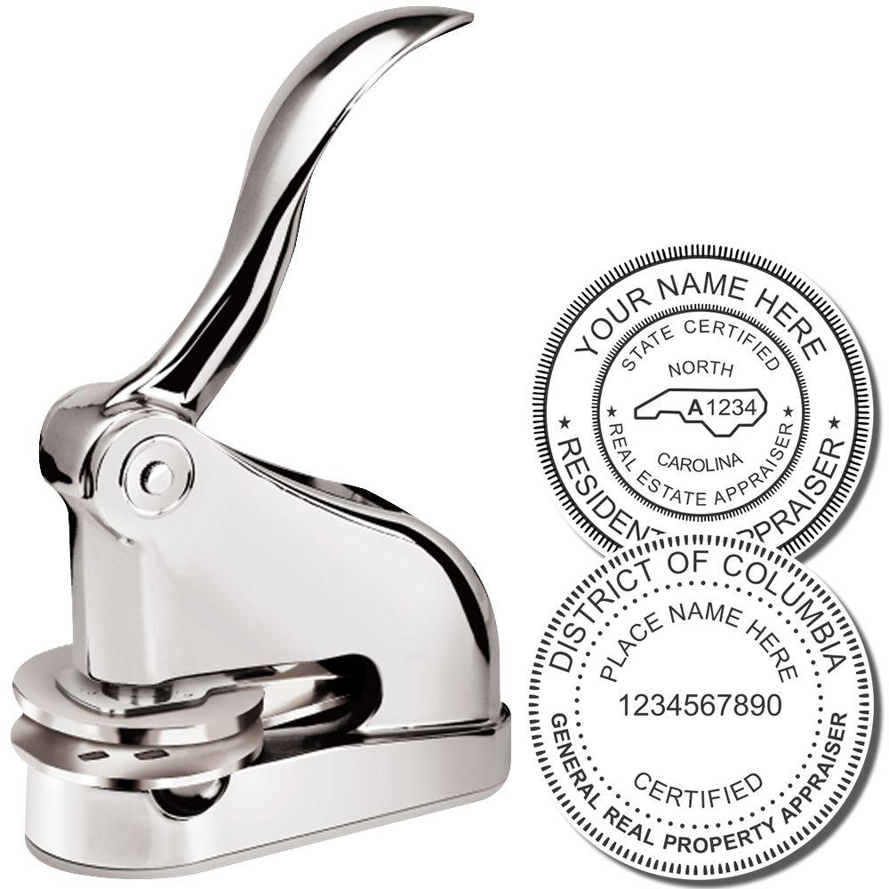 Chrome real estate appraiser embosser stamp with customizable certification seals for North Carolina and Washington, DC.
