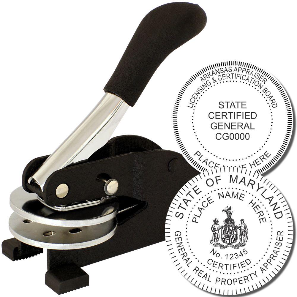 Black handheld embossing seal press with state certified general appraiser certification stamps on white background