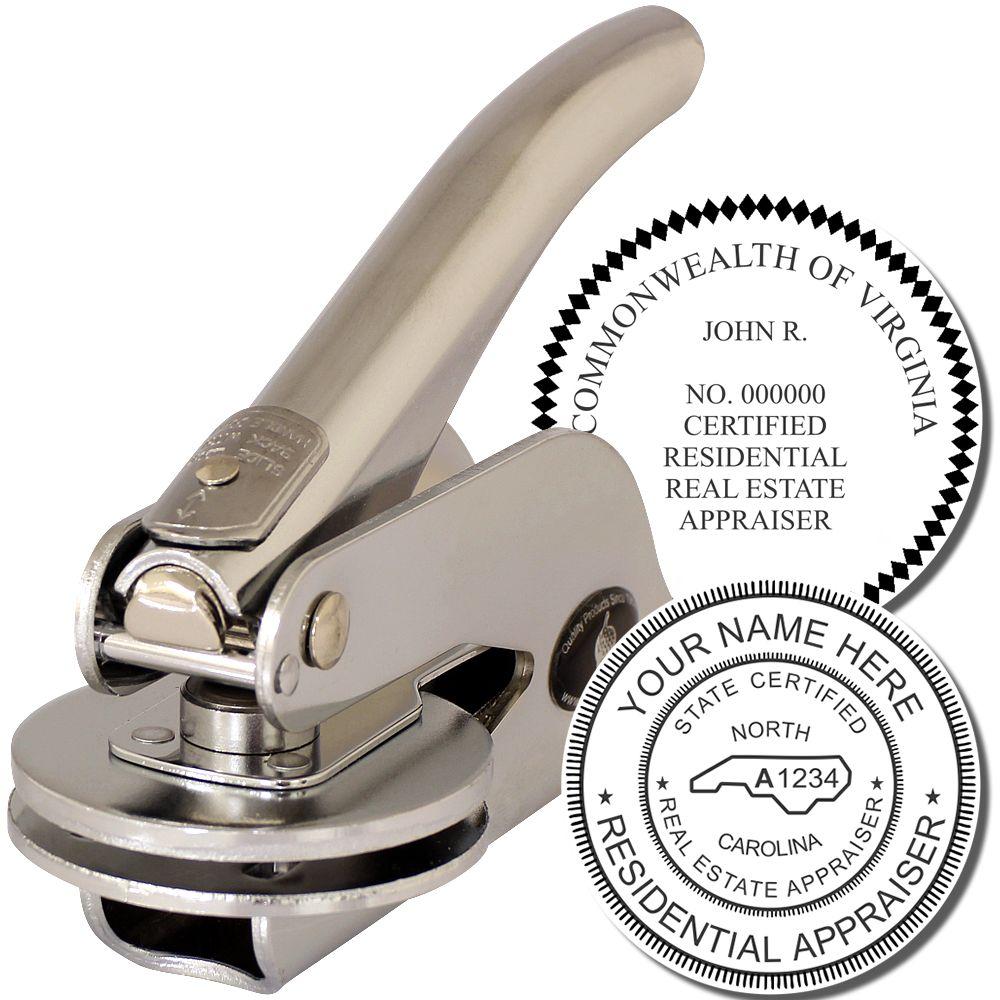 Metal embossing seal press with custom certified residential real estate appraiser seals for Virginia and North Carolina.