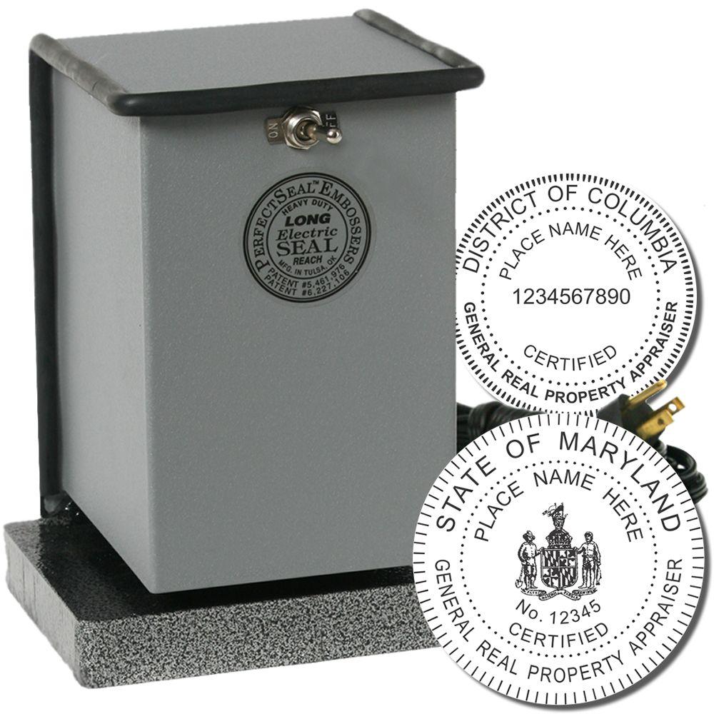 Heavy-duty electric seal embosser with custom Maryland and District of Columbia property appraiser stamps for official document embossing.