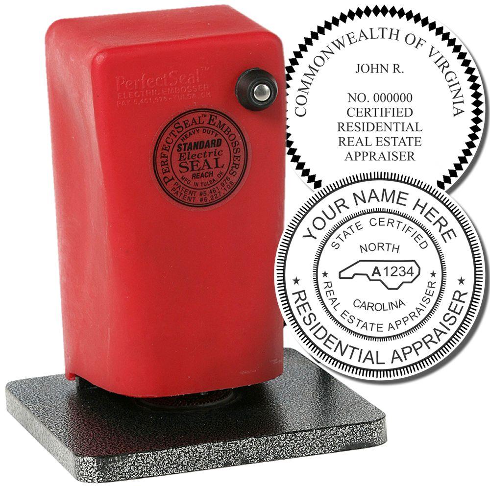 Red real estate appraiser embossing seal stamp with custom certified residential appraiser impressions.