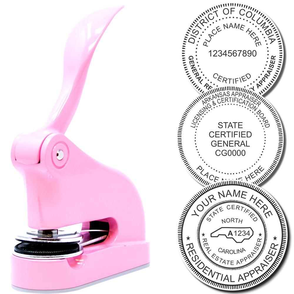 Pink self-inking custom stamp with real estate appraiser certification seal impressions on white background.