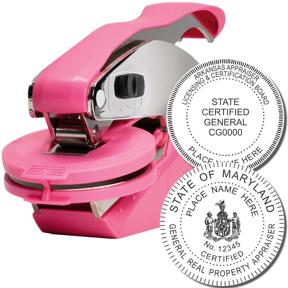 Pink self-inking embossing seal stamp with state certified general appraiser certification seal design