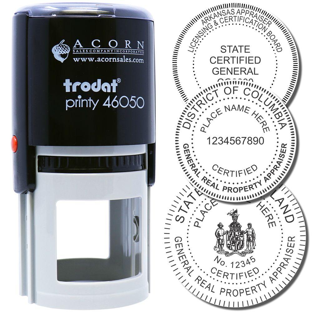 Trodat Printy 46050 self-inking stamp with custom circular certified appraisal seals for real estate and official use