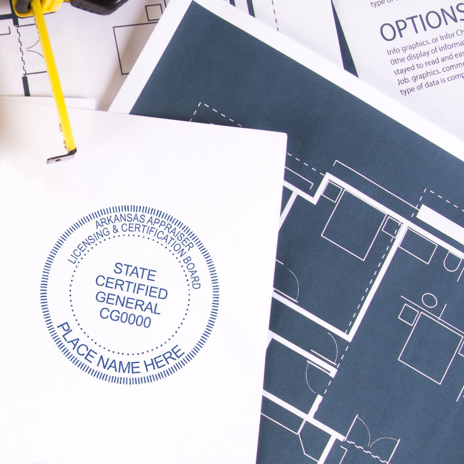 Architectural blueprints with state certified general contractor seal and pencil on technical drawing plans