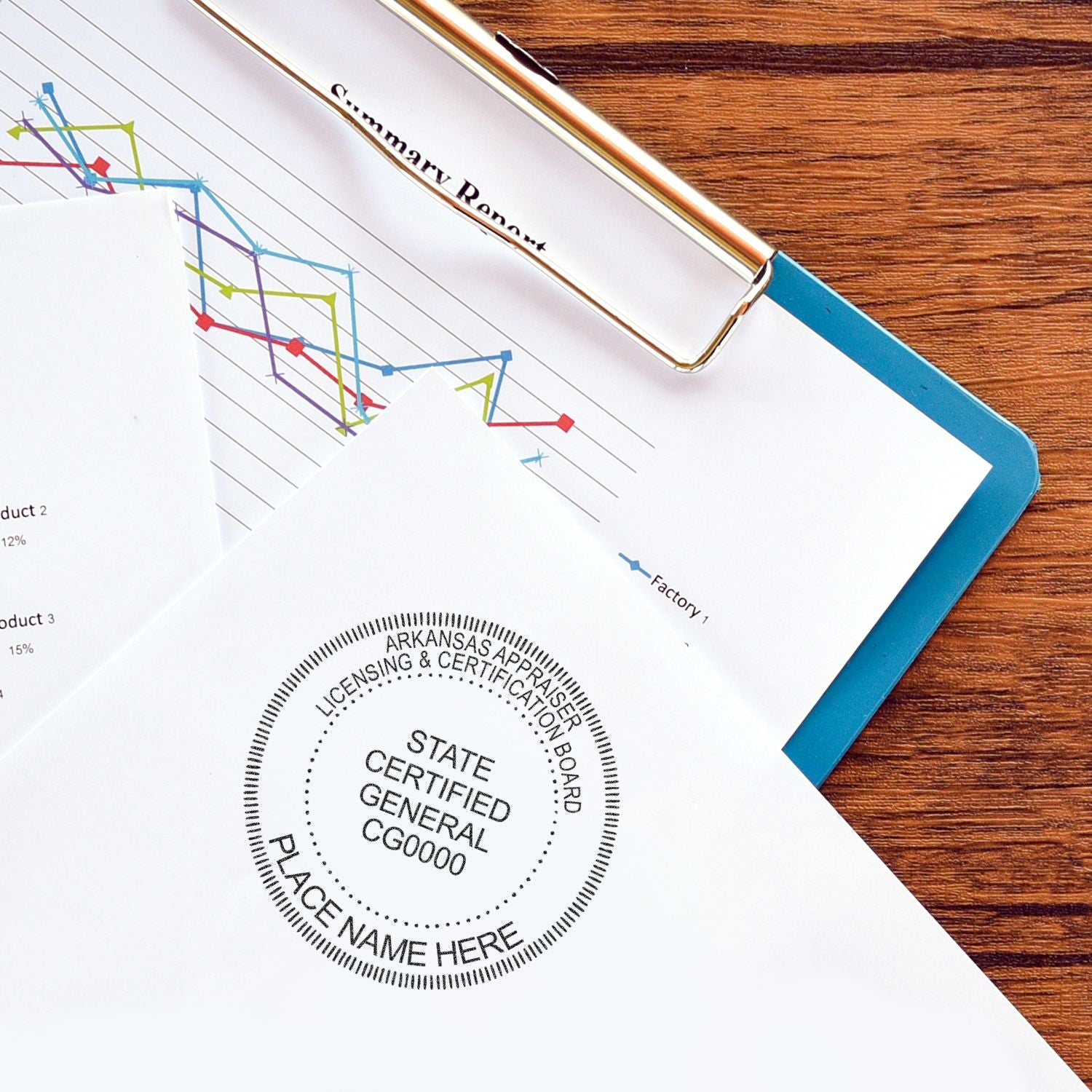 Business report with colorful analytics charts and state certified general contractor stamp on clipboard, viewed on a wooden desk.