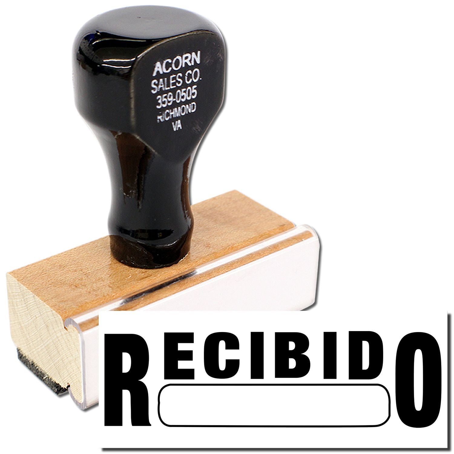 Custom Recibido office rubber stamp with wooden handle and black ink pad for received documents.