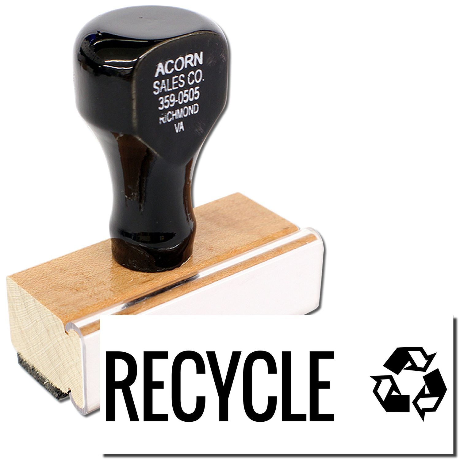 Recycle stamp with recycle symbol on wooden handle, eco-friendly office stamp tool