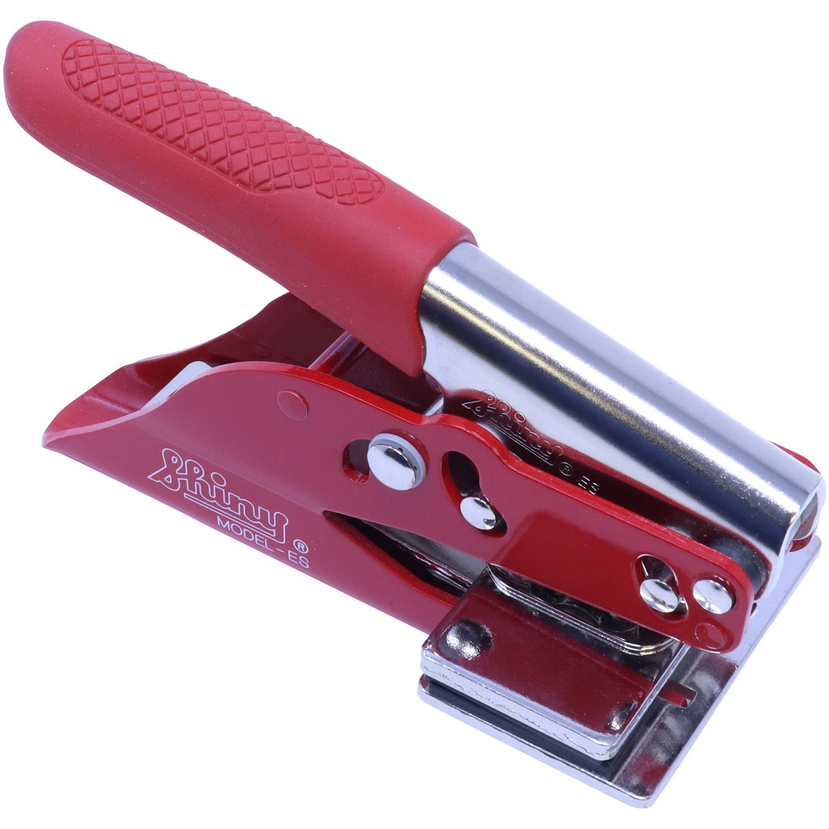 Red and chrome Brinny Model ES desktop stapler isolated on a white background