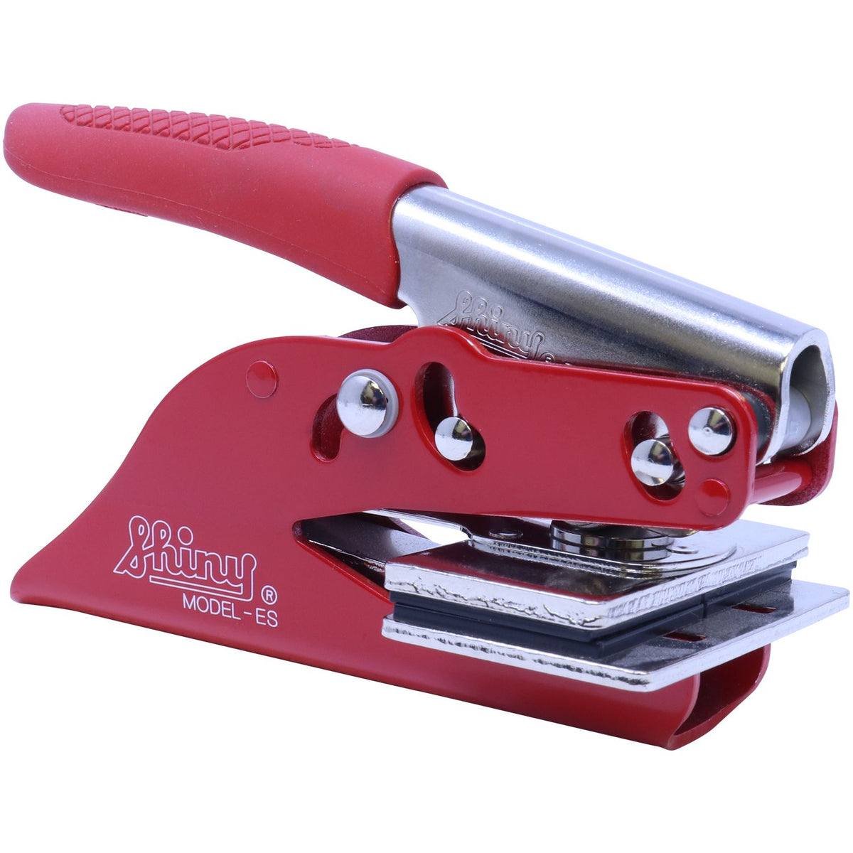Red and silver heavy-duty paper hole puncher, Shiny Model ES, office supply tool.