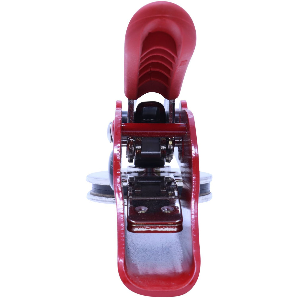 Close-up of a red metal and black plastic manual tool isolated on a white background.