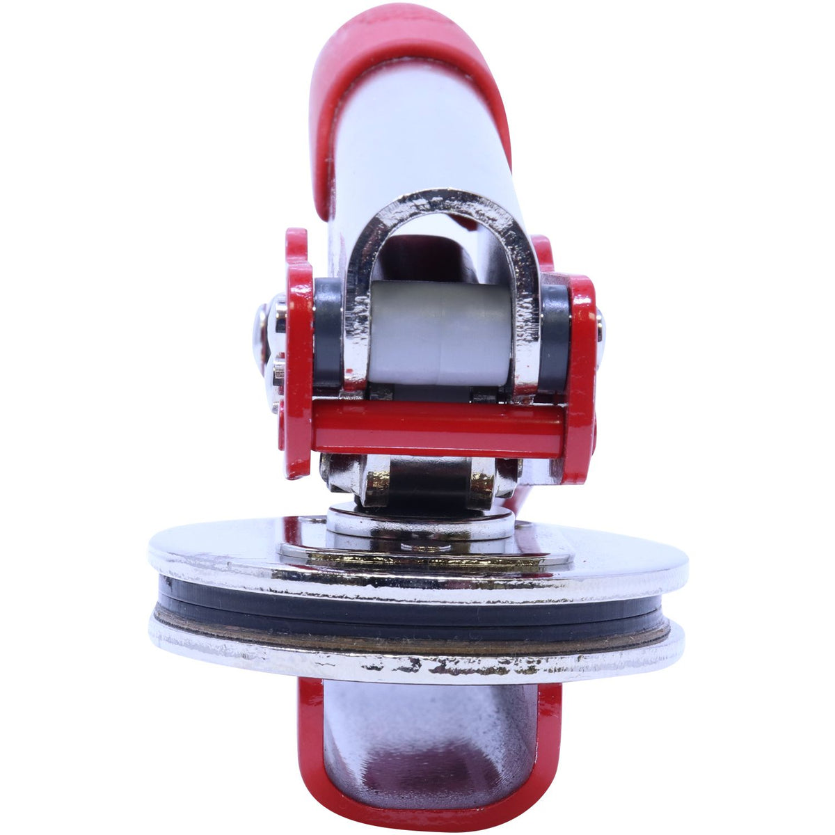 Close-up of a red and silver swivel caster wheel assembly with roller bearing on a white background