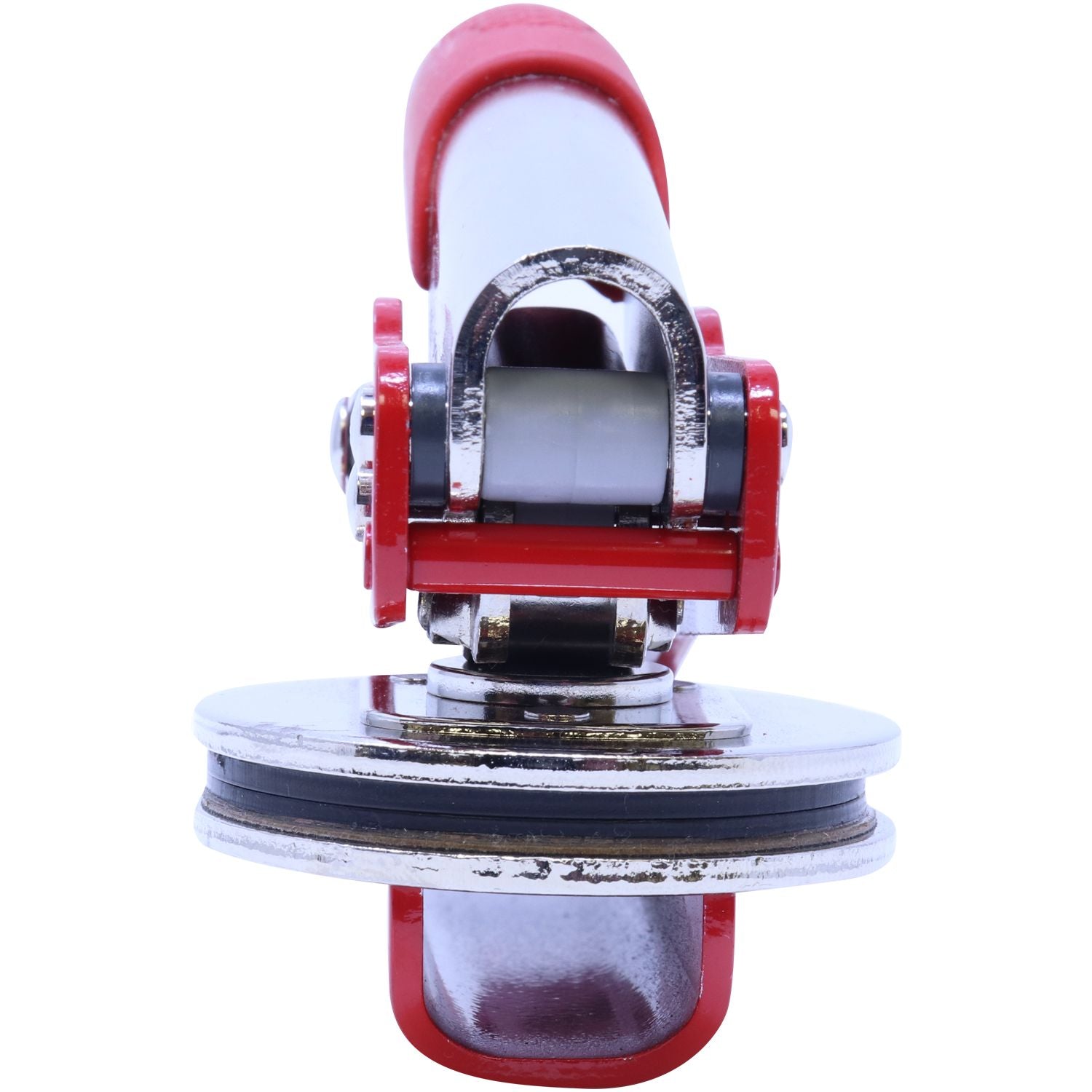 Close-up of a red and chrome heavy-duty industrial roller bearing on a white background