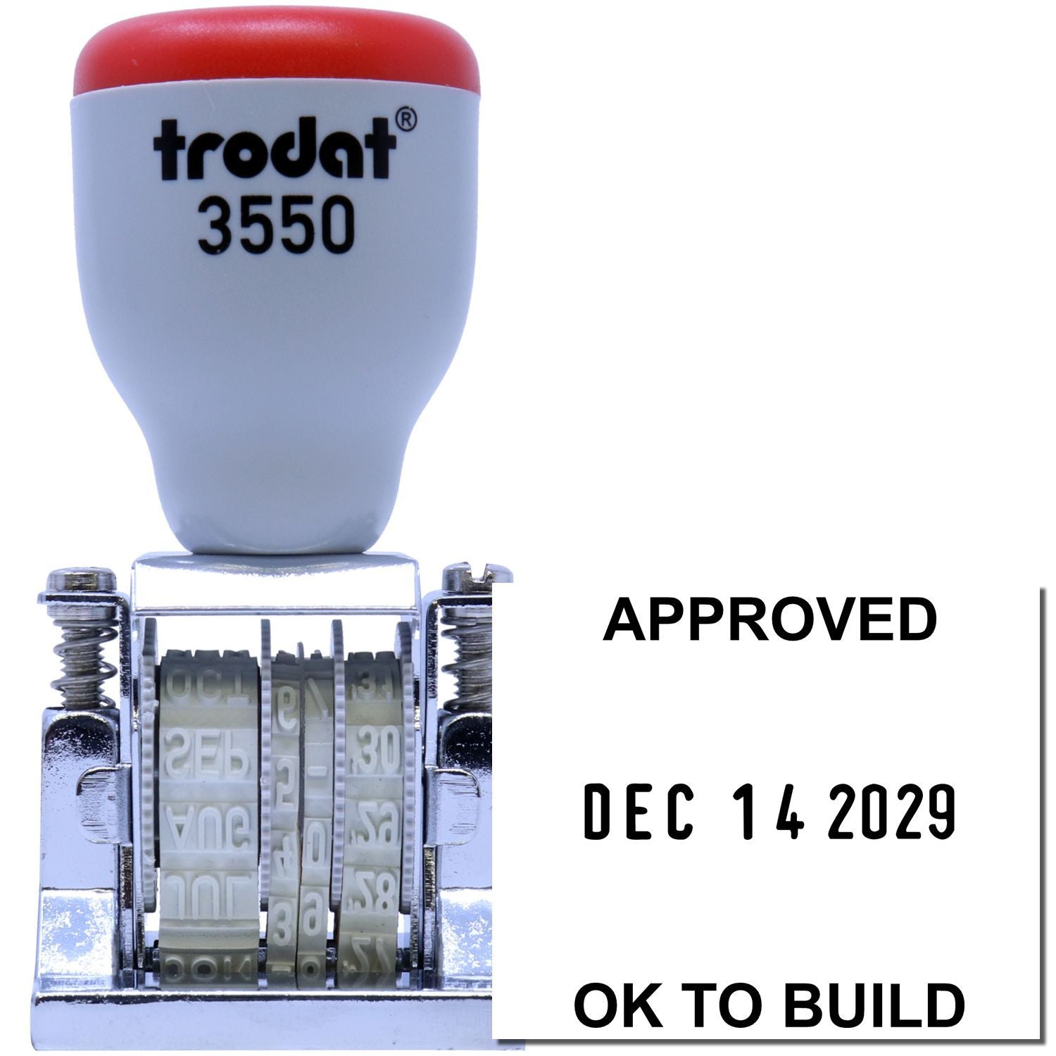 Trodat 3550 self-inking approval stamp with date Dec 14 2029 and OK to Build text.