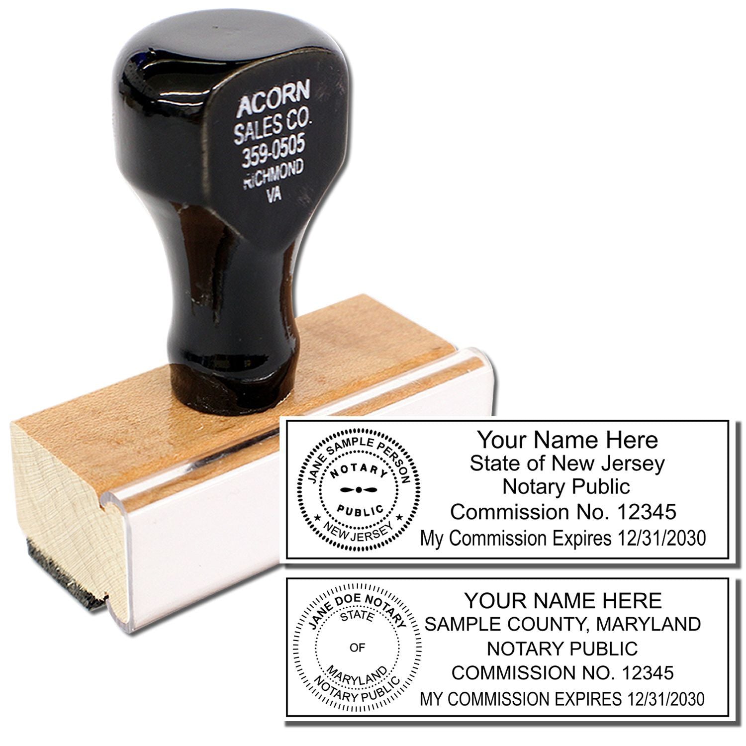 Custom notary public stamp and self-inking seal with sample New Jersey and Maryland imprint designs.