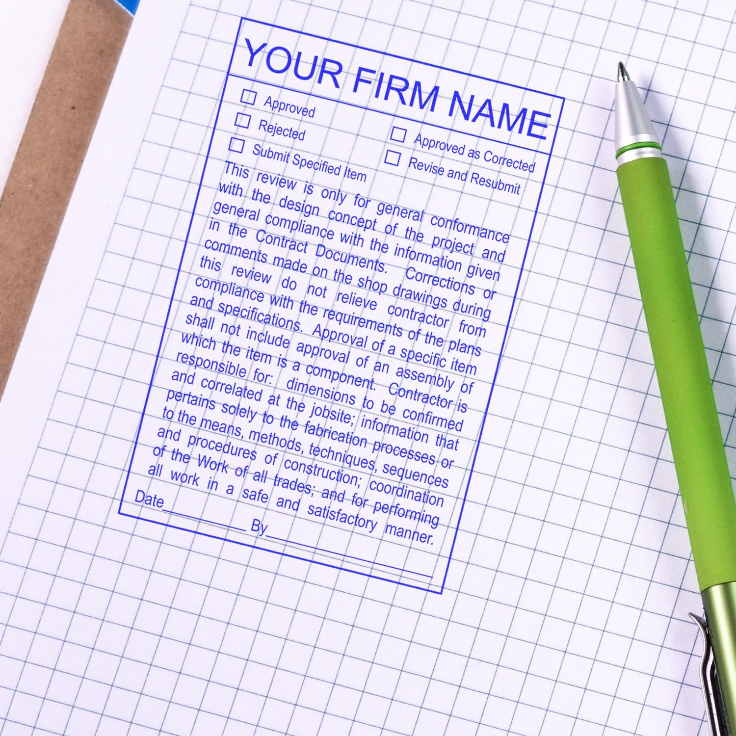 Blueprint approval form on graph paper with green pen, technical drawing checklist and firm name template for construction review.