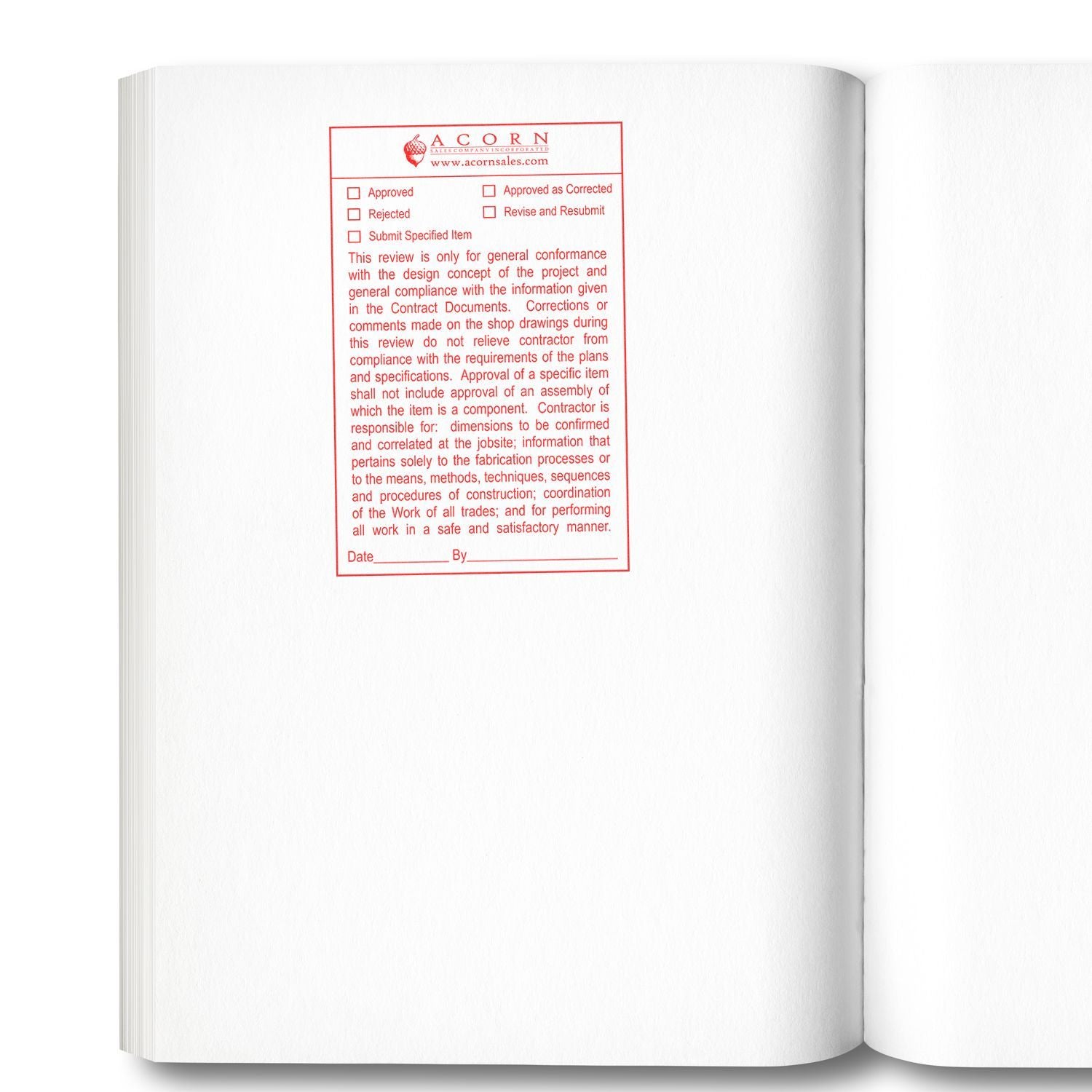 Open book page with red Acorn approval stamp and project review checklist form.