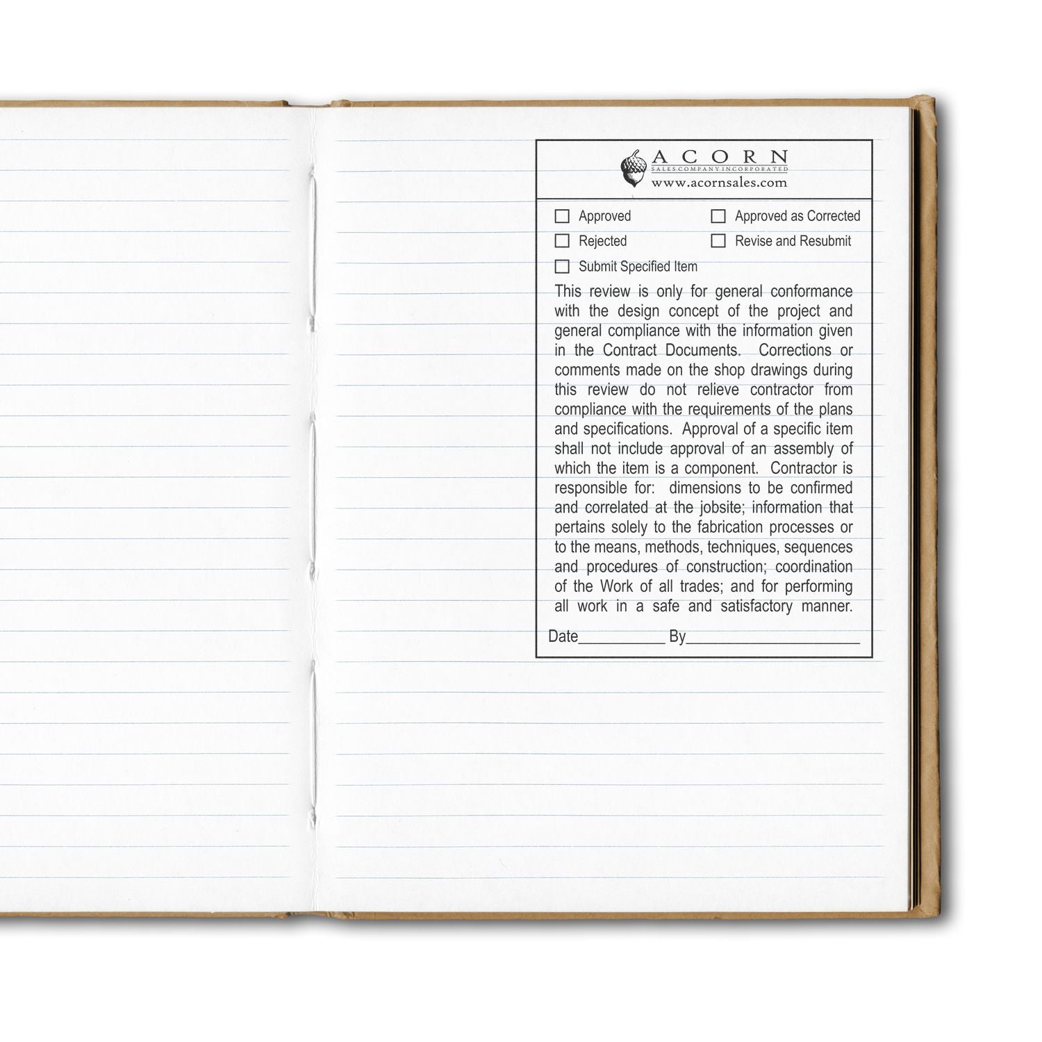 Open lined notebook with a construction submittal approval form, featuring approved and rejected checkboxes, on a white background.