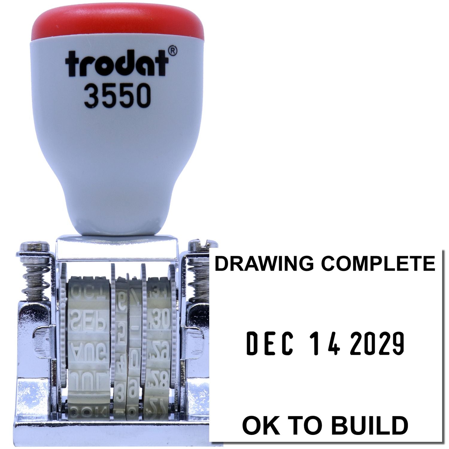 Trodat 3550 self-inking date stamp with Drawing Complete, Dec 14 2029, and OK to Build text.