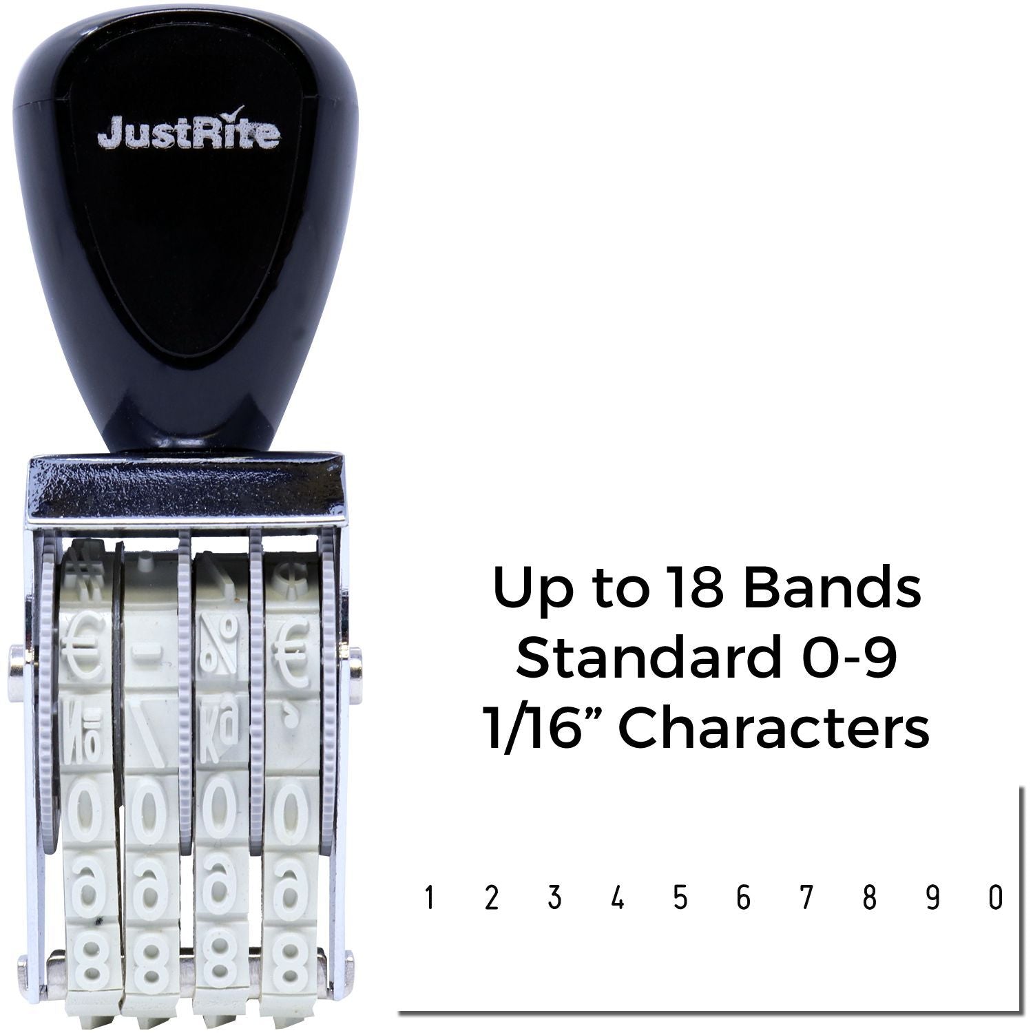 JustRite adjustable date stamp with up to 18 bands, standard 0-9 and 1/16 inch characters for custom numbering.