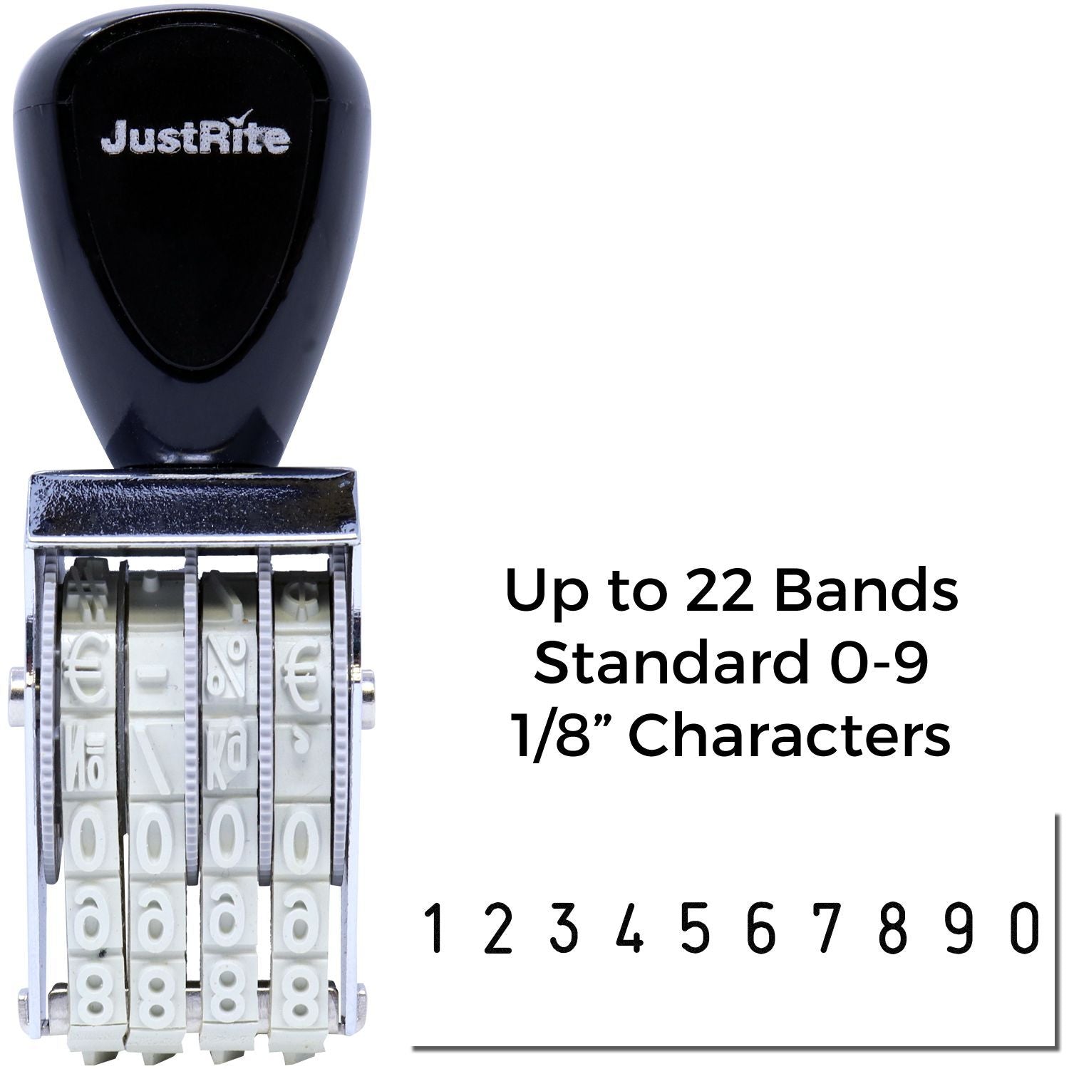 JustRite self-inking date stamp with up to 22 bands and 1/8-inch characters for standard 0-9 numbering