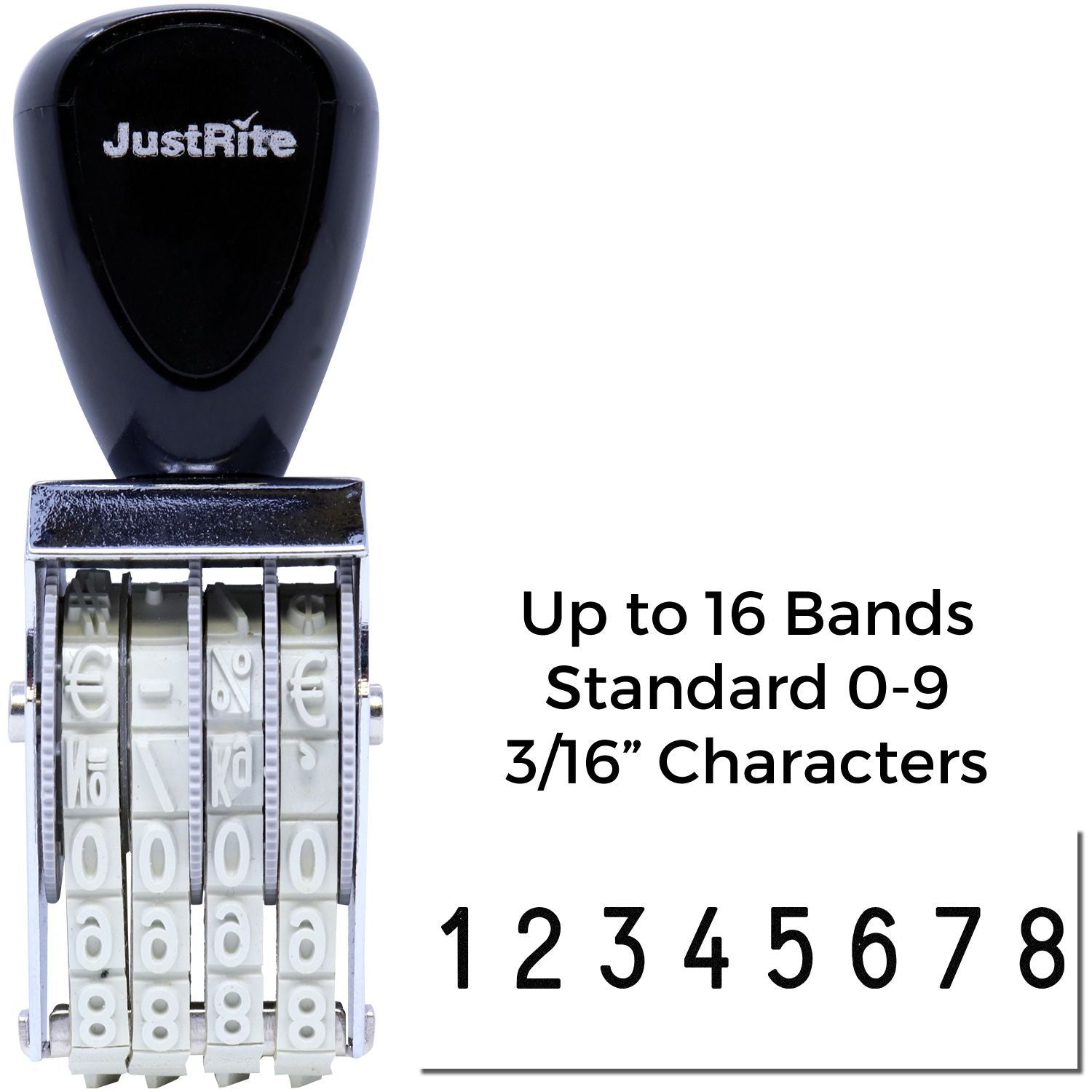 JustRite self-inking date and number stamp with up to 16 bands, standard 0-9, 3/16-inch characters