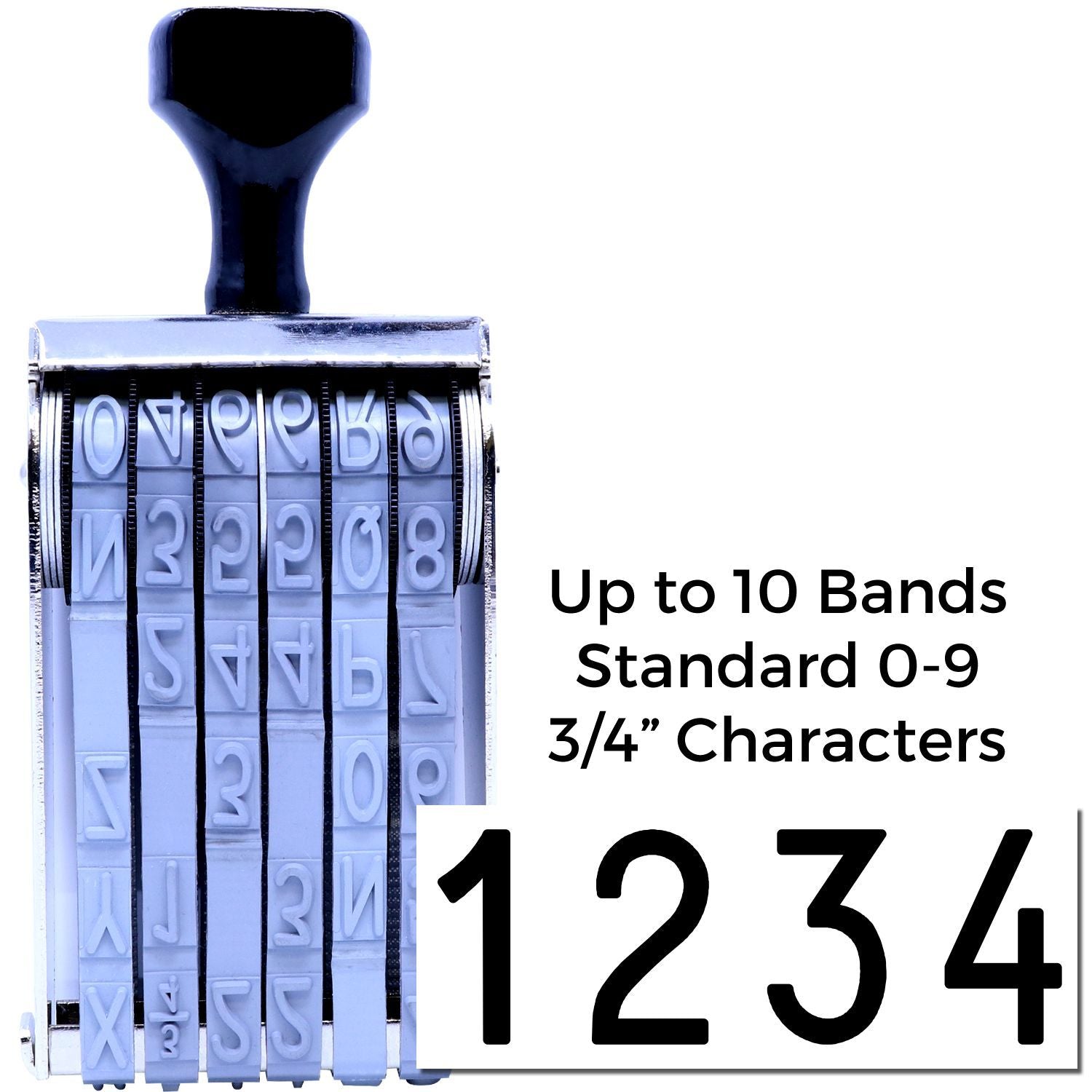 Rotary numbering stamp with up to 10 bands, standard 0-9, 3/4-inch characters.