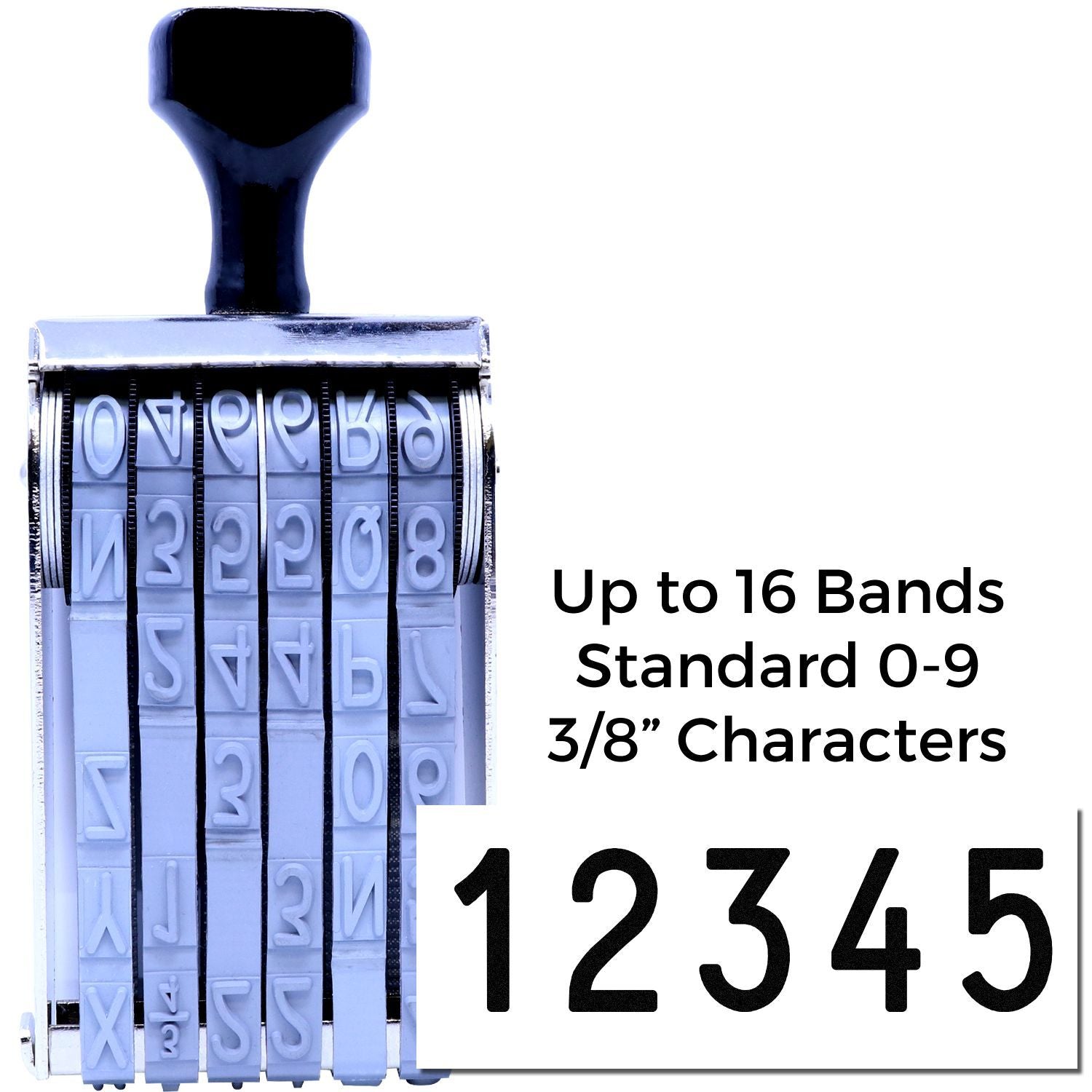 Self-inking number stamp with up to 16 bands, standard 0-9 3/8-inch characters, showing 12345.