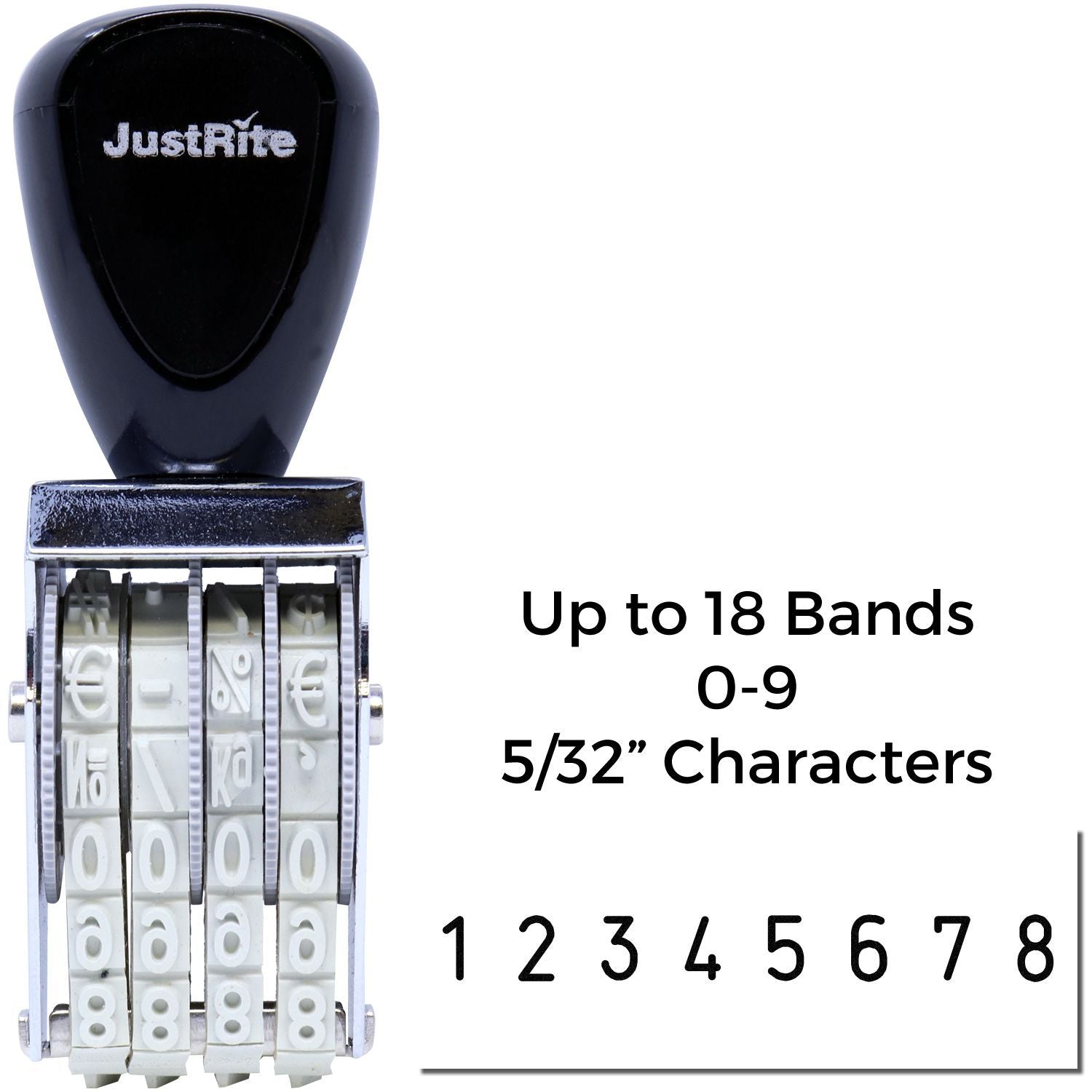 JustRite adjustable number stamp with up to 18 bands and 5/32-inch characters, black self-inking dating stamp.
