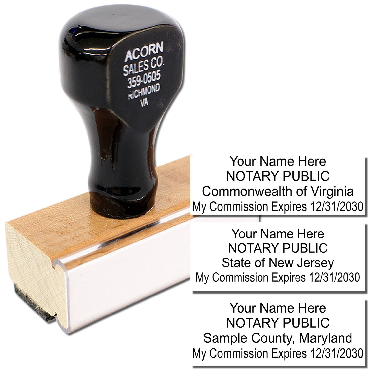 Custom notary public stamp with personalized name and commission details for Virginia, New Jersey, and Maryland.
