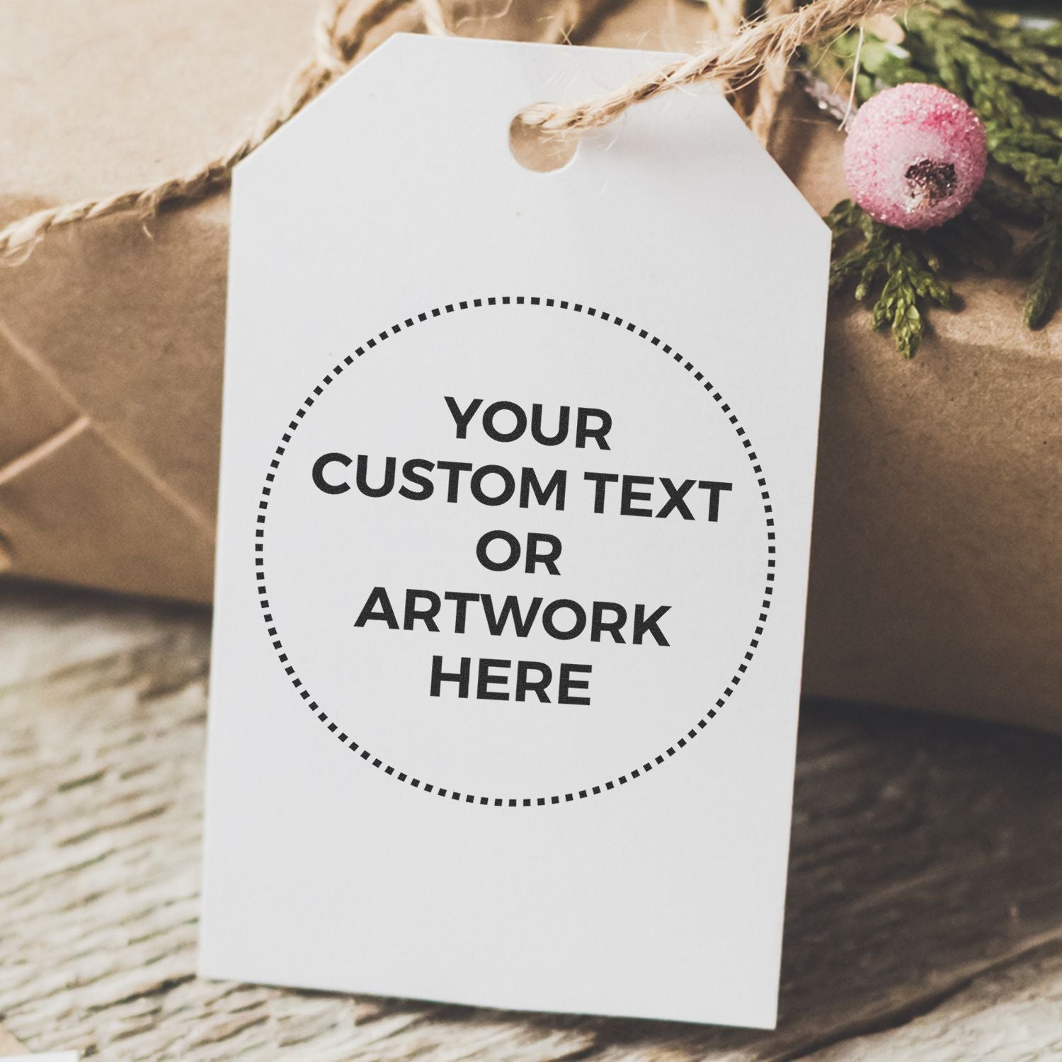 Custom text gift tag mockup on kraft paper with holiday ornament backdropadd your artwork or message for branding on product packaging.