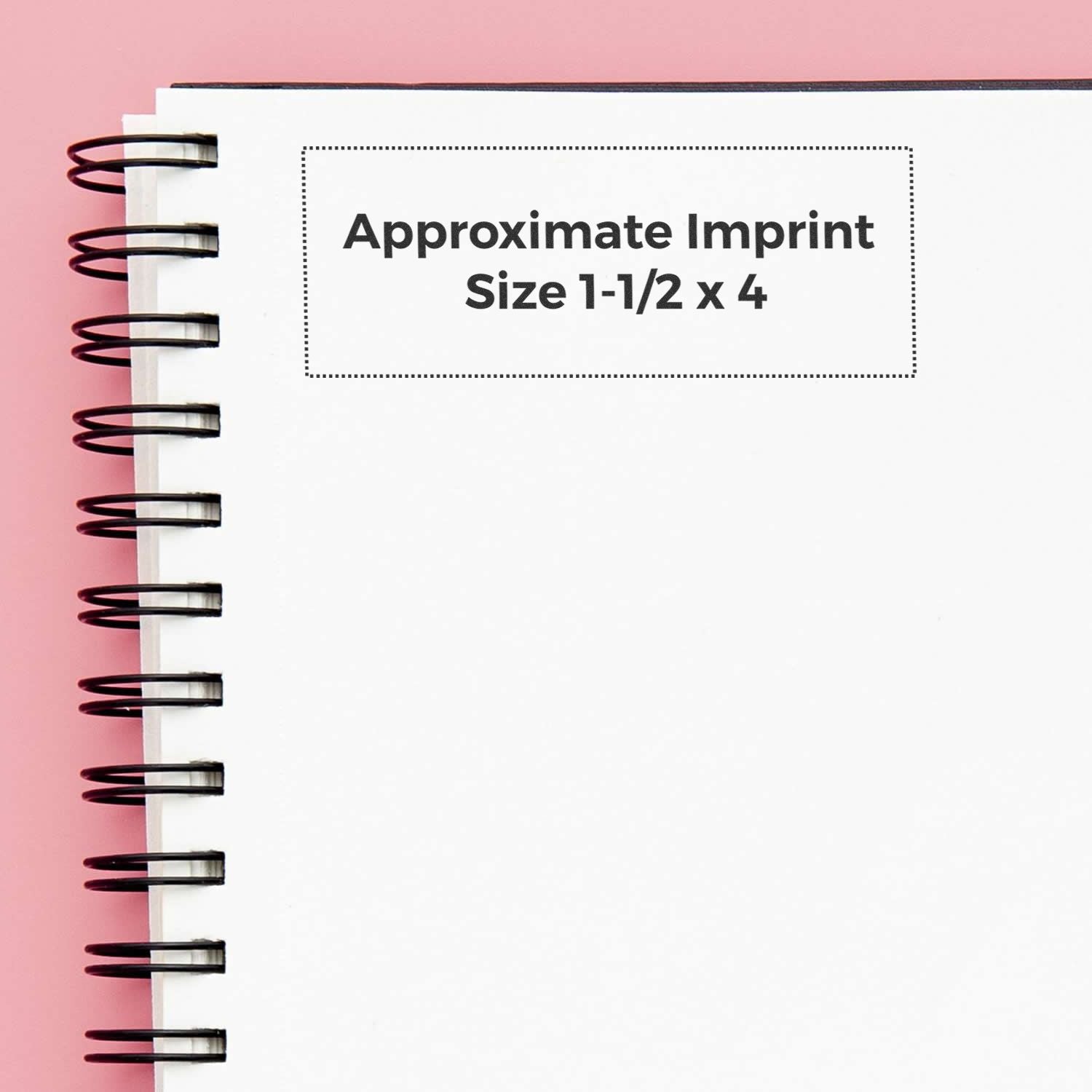 Notebook mockup showing approximate imprint size 1-1/2 x 4 for custom branding, logo printing, on a spiral journal cover.