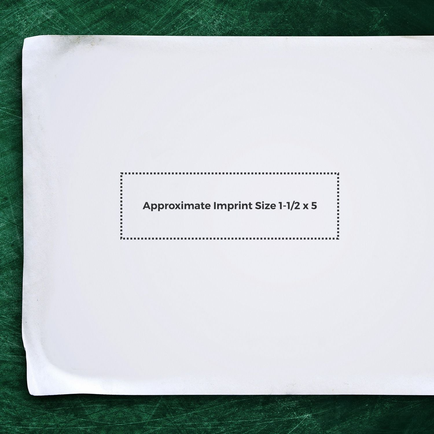 Printable imprint size guide showing approximate 1-1/2 x 5 measurement for custom branding placement on a white layout